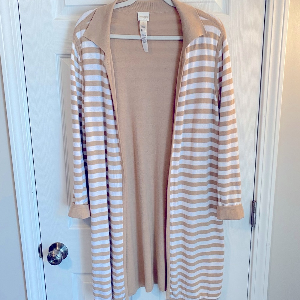 Womens Chico Reversible Beige/white Striped reversible Beige Solid Cardigan Sz 2